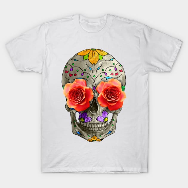 Sugar Skull Day of the Dead with Roses, Dia de los Muertos T-Shirt by SirLeeTees